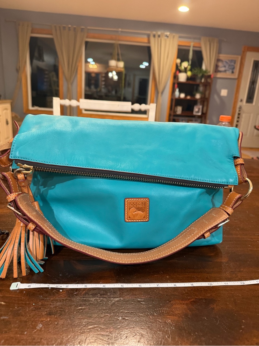 Dooney & Bourke Turquoise Leather Fold-Over Crossbody with Tan Trim